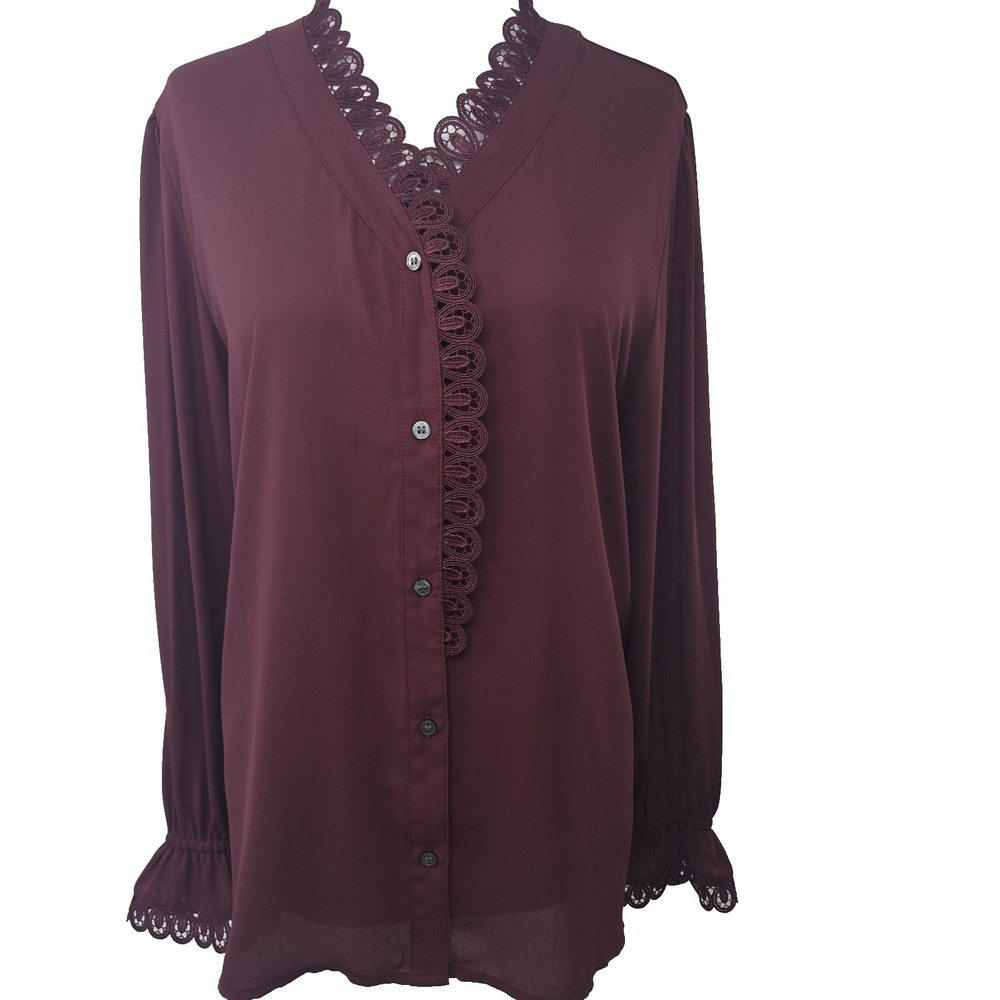Ann Taylor XL Burgundy Wine Chiffon Jersey Crochet Contrast Button Up Blouse Top